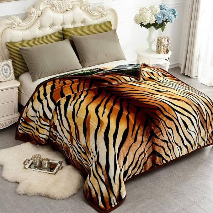 JYK Korean Faux Mink Fleece Blanket 75”x87” and 5 LB Mink Blanket - 2 Ply Reversible 520GSM Silky Soft Plush Warm Blanket for Autumn Winter, A&B Pattern (Queen, Tiger/Tiger Stripes)