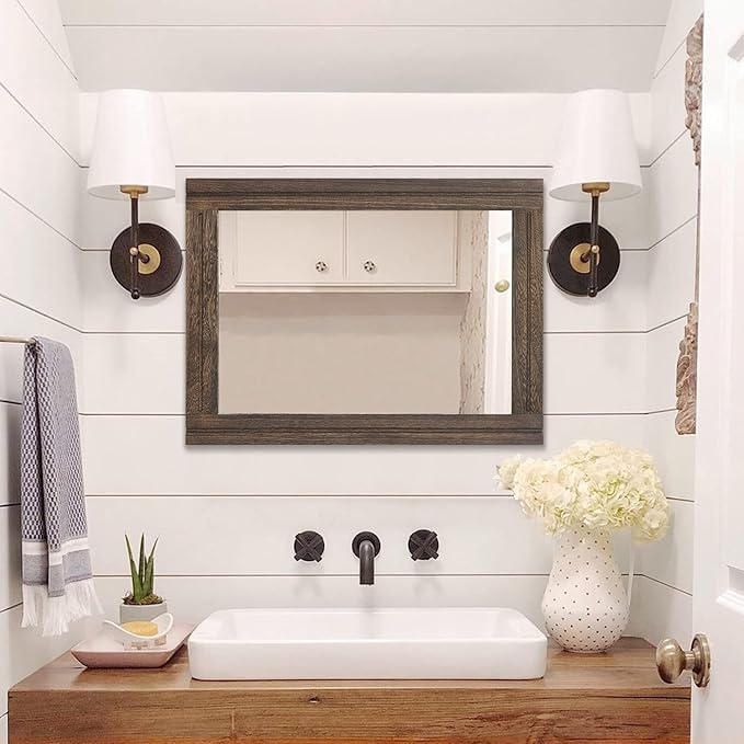 AAZZKANG Rustic Wood Mirror Rectangle Decorative Wall Hanging Mirrors with Frame Large 28"x20" for Bedroom Living Room Bathroom Home Entryway
