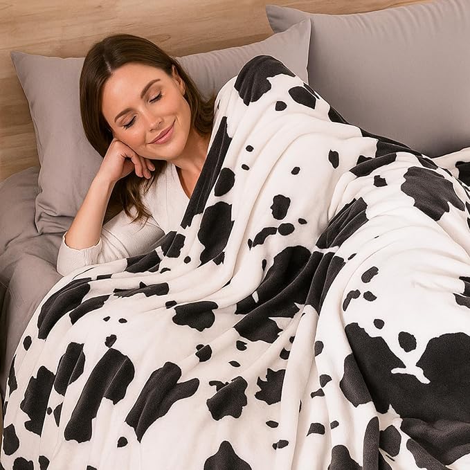 Cozy Bliss Cow Print Throw Blanket for Bed - Fuzzy Thick Soft Warm Fleece Blankets for Couch & Bed, for Women Men Girls Kids, Black & White Large King Size 120"*100"