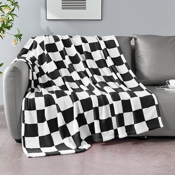 Black Checkered Blanket, Soft Cozy Fleece Checkered Throw Blankets for Bed Sofa Couch Camping, Ultra Fluffy Throws for All Seasons, 50x60 Inch, Black