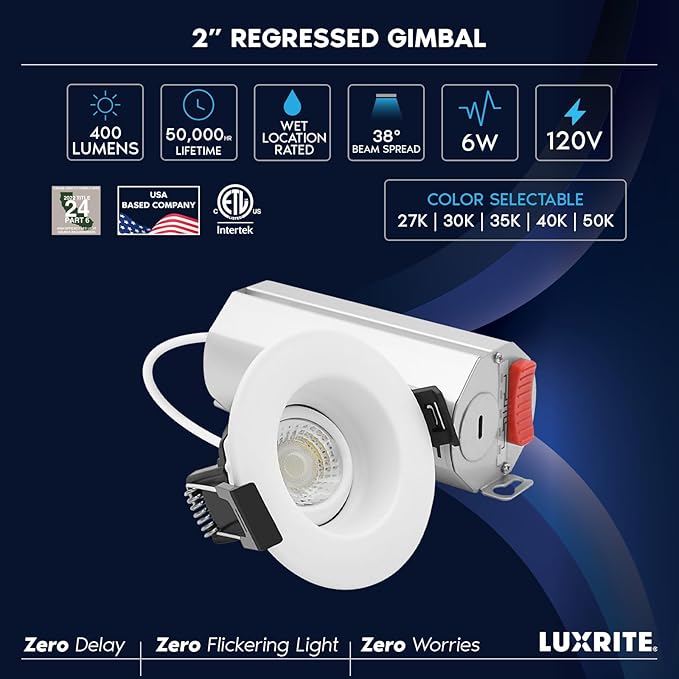 LUXRITE 2-Inch Regressed Gimbal LED Recessed Light, 5 Color Selectable 2700K-5000K, 6 Watts, 400 Lumens, Ceiling Spotlight 360º + 30º Rotation, Dimmable, CRI90, IC & Wet Rated, ETL Listed (4 Pack)