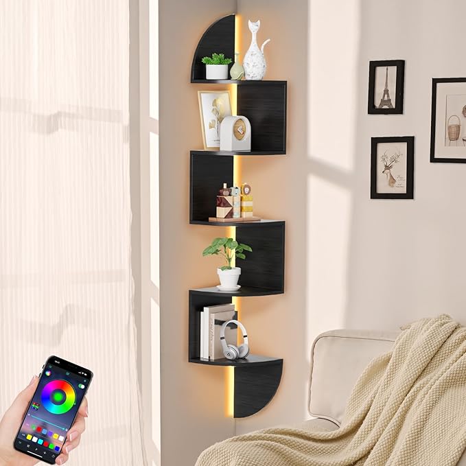 Waipfaru Corner Shelf, 5 Tier Bookshelf with LED Light, Corner Shelf Wall Mounted, Floating Shelves for Wall, Display Stand for Bedroom, Living Room, Bathroom, Home, Office, Black