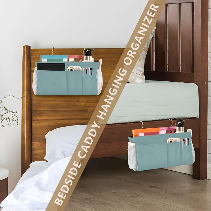 DOMIKING Teal Bedside Caddy for Dorm Bed Recliner Armrest Organizer with Hooks Haning Holders for Tablet Phone Magazine