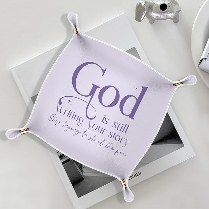 Christian Gifts Jewelry Valet Tray for Women, Purple Religious Bible Verse PU Leather Catchall Beside Caddy Nightstand Organizer Tray for Jewelry Rings Watches and Accessories, 7.87x7.87in
