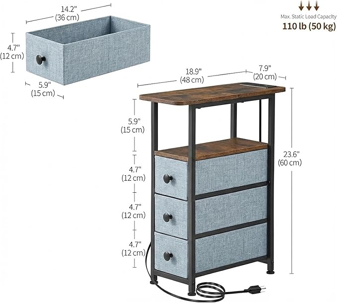 Narrow End Table with Charging Station, Narrow Side Table with Drawer, Small Nightstand with LED Light, Skinny Nightstand, Small Bedside Table for Living Room, Grey