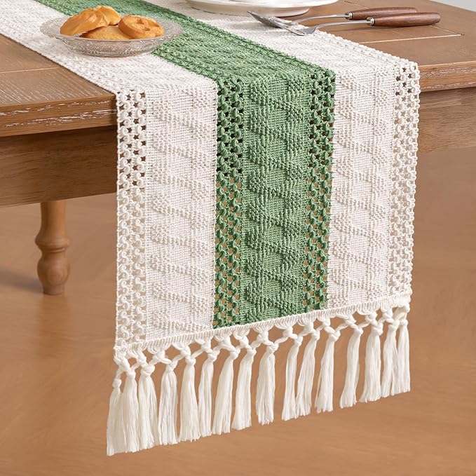 Socomi Boho Table Runner Easter Spring Farmhouse Rustic Dining Kitchen Decor Small Macrame Woven Cotton Linen Coffee Table Runner for Dresser Scarf Home Decor 12x48 inch Sage Green Ivory