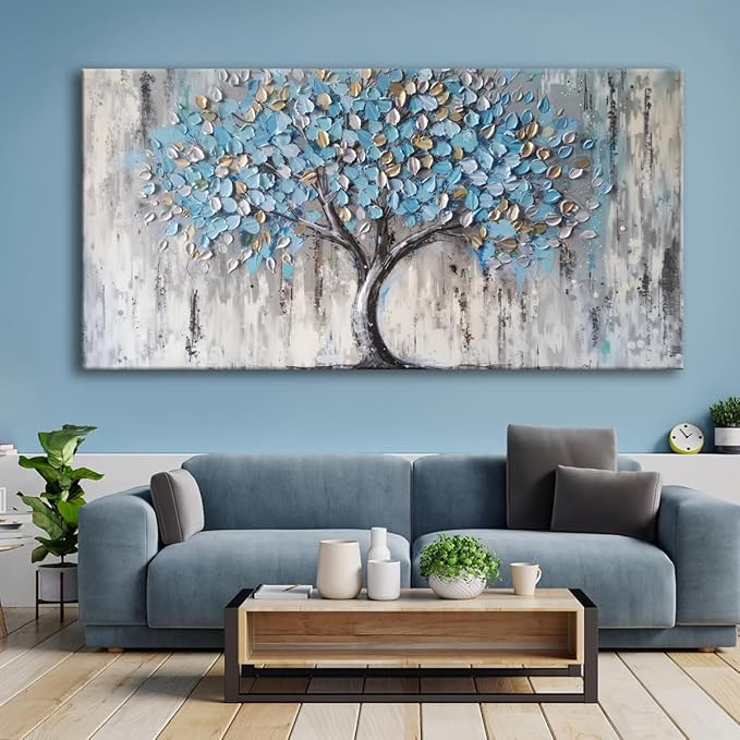 Tree of Life Canvas Wall Art - Abstract Light Blue Artwork for Living Room Bedroom Decor, Modern Framed Tree Painting Ready to Hang, Contemporary Home Wall Decoration 180x90cm (71x36in)