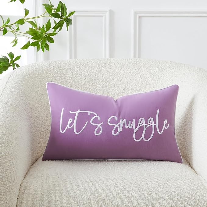 Sunkifover Let's Snuggle Decorative Lumbar Pillow Cover - 14x24 Inch Purple and White Cotton Embroidery Throw Pillowcase for Bed, Bedroom, Living Room, Home Decor