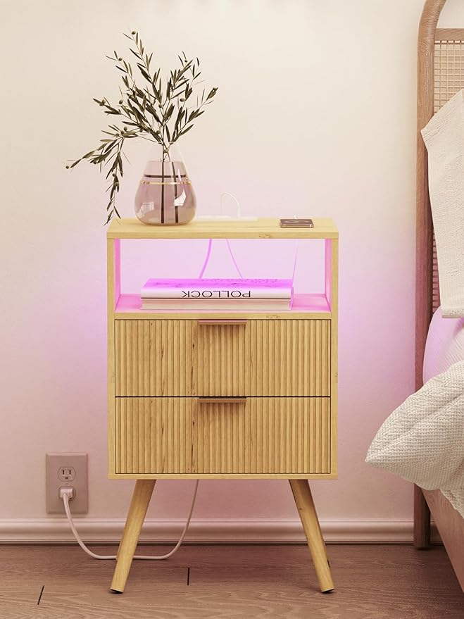 Nightstand, Modern Bedside Table with 2 Storage Drawer and Open Wood Shelf for Bedroom and Small Spaces, Night Stand with Solid Wood Legs (Yellow Oak-Outlet)
