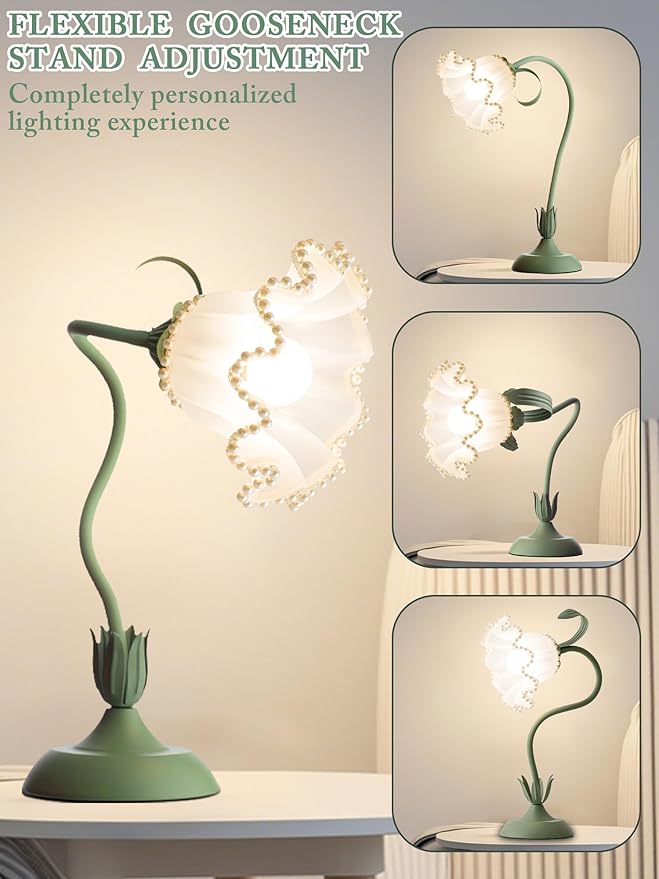 Flower Table Lamp,LED Reading Light Bedside Vintage Flower Night Light,3 Colors Modes Kawaii Bedside Lamps Decor,Living Room Bedroom Room Lighting Table Lamps Home Decoration (Green Pearls)