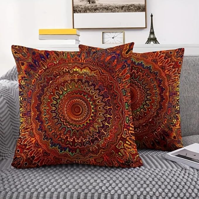 Decorative Linen Throw Pillow Covers, Mandala Pattern, Set of 2 18x18 pillows Red Fantasy Golden Mandala Bohemian Style Modern Decorative Square Pillowcases for Sofa Couch Bedroom Living Room Car