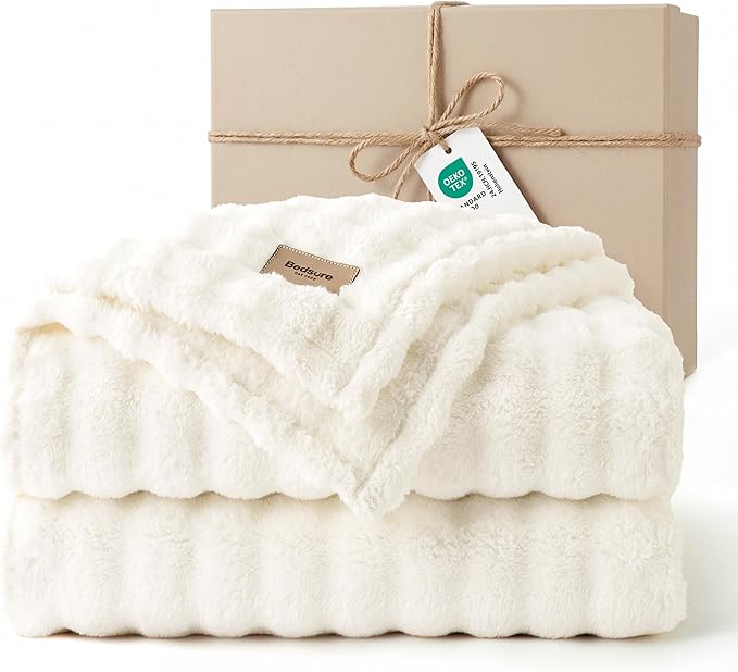 Bedsure 3D Fleece Bubble Blanket - GentleSoft White Queen Blanket for Bed Sofa Room Decor - Luxury Soft Cozy Spring Gifts for Women, Lightweight, All Seasons, Off White, 90"×90"