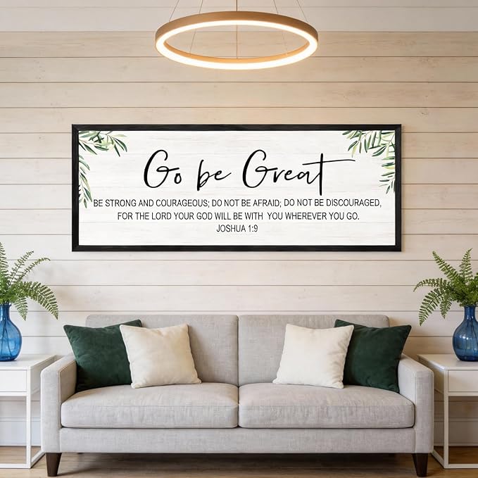 Go Be Great Wall Decor: 40x15 Inch Large Framed Bible Verse Wall Art, Joshua 1:9 Scripture Sign, Christian Wall Decor for Bedroom Living Room, Black Wooden Frame, Natural, Black