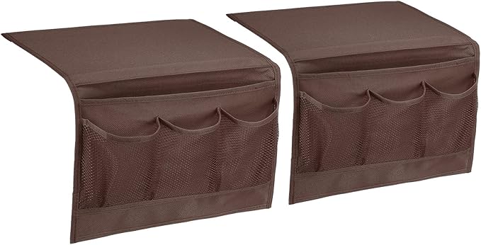 PATIKIL 2pcs Bedside Caddy, Bed Caddy Bedside Organizer Bed Hanging Caddy 4 Pockets Bed Pockets Bedside Storage Hanging Storage Bag for Remote Control Bedroom Phones Glasses, Brown