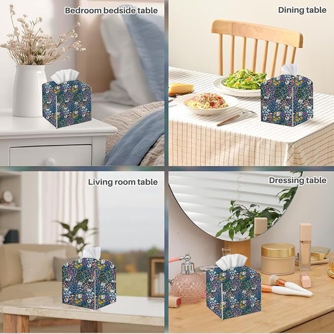 Tissue Box Cover, Tissue Box Holder, Square with Belt Bottom, PU Leather Decorative Organizer for Desk, Tabletop, Countertop Bathroom, Toilet Car, Office, Dresser Bedside, Cat Plant Flower Decor