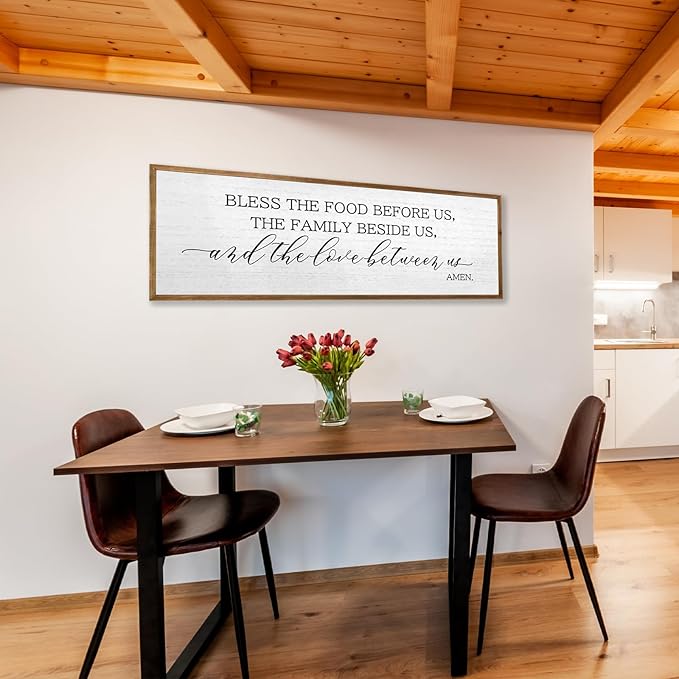 Christian Blessing Dining Room Wall Decor 32"×12" Bless The Food Before Us Sign Rustic Farmhouse Kitchen Religious Decor Large Catholic Horizontal Wooden Frame Wall Art Hanging (Wood)