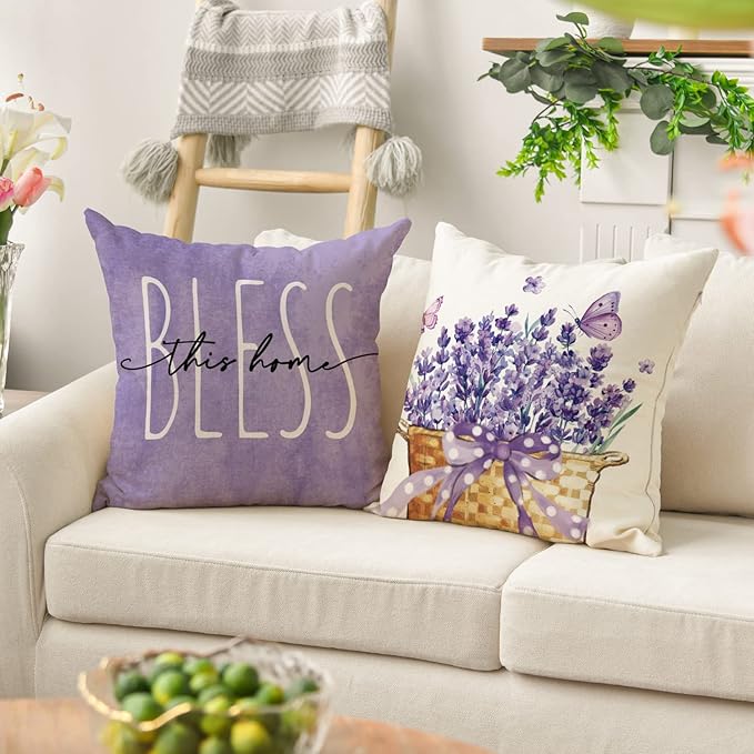 AVOIN colorlife Lavender Home Sweet Home Spring Throw Pillow Covers, 18 x 18 Inch Purple Summer Cushion Case for Sofa Couch Set of 4