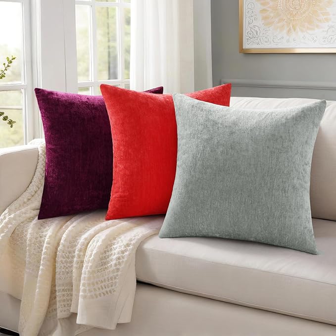 decorUhome Chenille Grey Throw Pillow Covers 20x20 Inch Set of 2, Decorative Soft Couch Pillow Covers Solid Dyed Accent Farmhouse Neutral Square Pillow Cases for Sofa