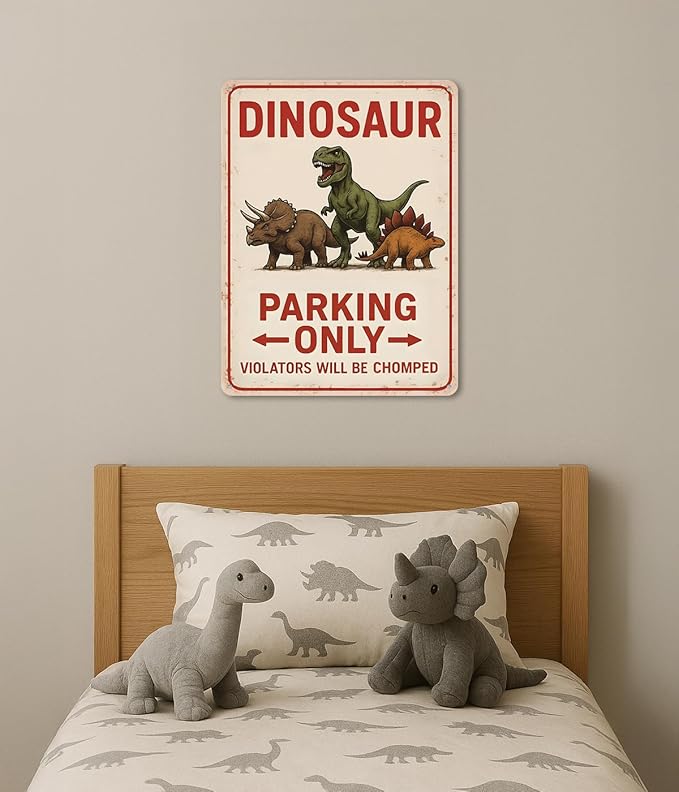 Dinosaur Parking Only Metal Sign – Dinosaur Room Decor for Boys, Dino Wall Bedroom Decor for Boys – 11×8.3″ Aluminum Dino Decorection for Toddler Boy Room, Birthday Party, Nursery, Playroom & Classroom Opix Design