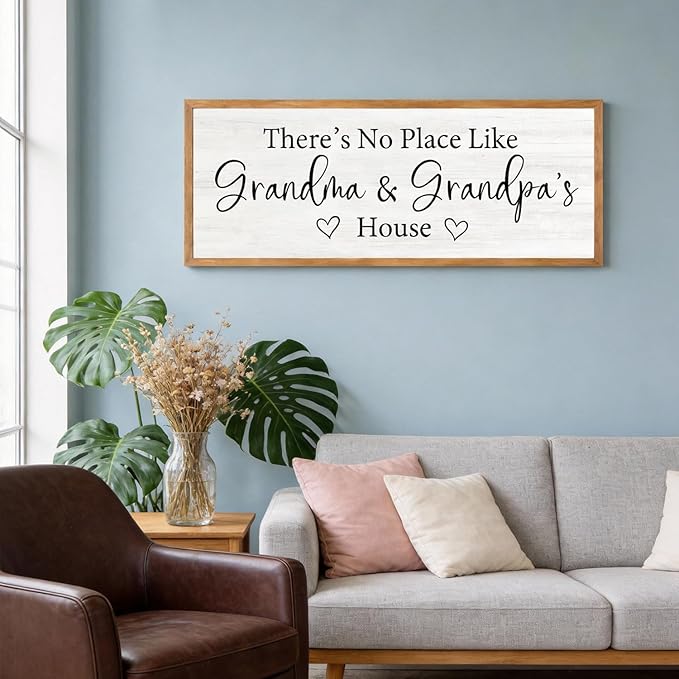 There’s No Place Like Grandma and Grandpa’s House Wall Decor: 32x12 Inch Framed Wooden Family Quote Sign, Rustic Farmhouse Wall Art for Grandparents’ Home, Living Room or Entryway, Natural