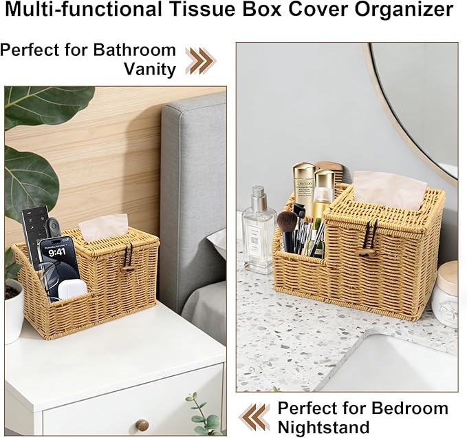 Tissue Box Cover Square, Cube Tissue Box Holder, Tissue Box Cover and Storage, Wicker Tissue Box Holder with Remote Organizer, Bedside Nightstand Organizer for Bedroom/Bathroom/Office/Countertop