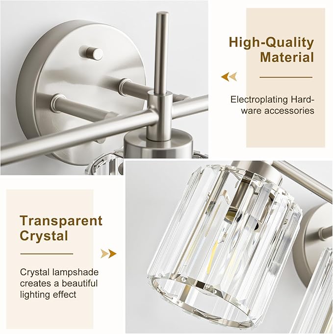3 Light Crystal Bathroom Light Fixtures, Brushed Nickel Vanity Mirror Lights, Crystal Bath Vintage Wall Mounted Lamps Wall Light Fixtures for Bathroom, Living Room