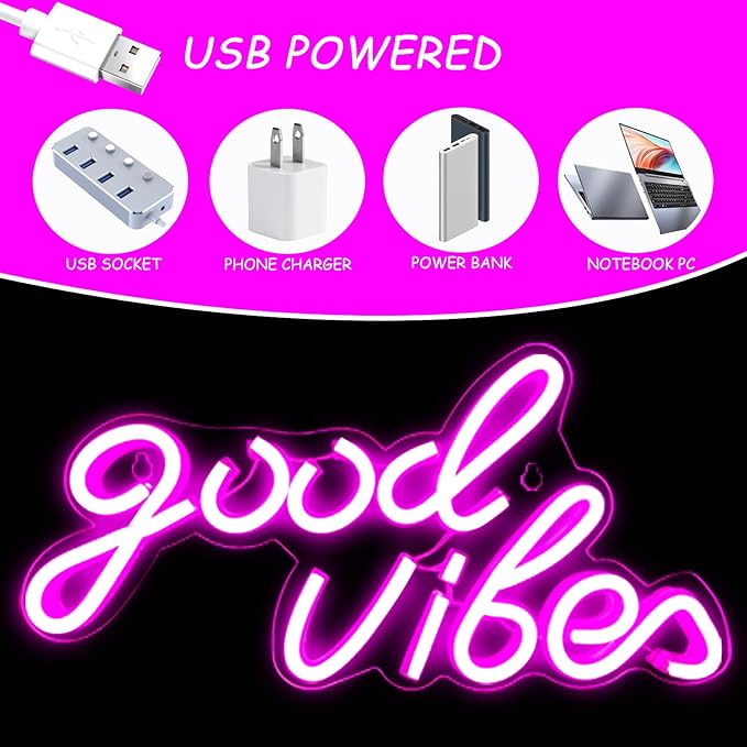 Good Vibes Neon Sign Pink Good Vibes Neon Lights USB Operated Aesthetic LED Signs for Bedroom Wall Decor Birthday Party Wedding Salon Bar Home Girl Cave