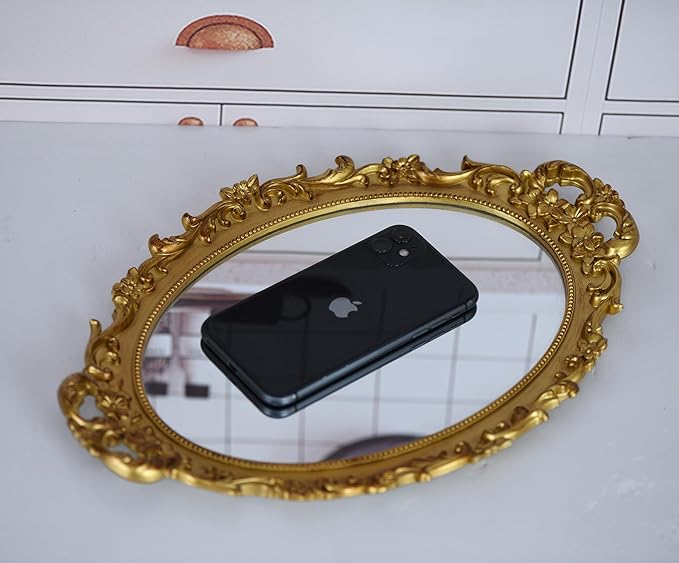 2 Pack - Vintage Decorative Gold Framed Mirror, Wall Hanging Mirrors & Tabletop Tray for Bedroom Living Room Dresser Decor, Oval- 9.6" W x 14.3" L (GOLD-2PACK)