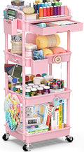 4 Tier Rolling Utility Cart with Drawer, Storage Organizer Cart with 2 Lockable Wheels, Multifunctional Rolling Storage Cart for Bathroom, Kitchen, Craft, Makeup, Baby Essentials, Pink
