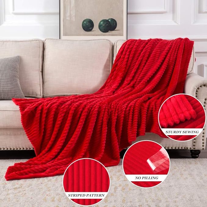 MIULEE Red Fleece Throw Blanket for Couch 300GSM Super Soft Lightweight Plush Striped Blanket, Christmas Warm Cozy Breathable Ribbed Flannel Throws for Bed/Sofa, 50"x60"