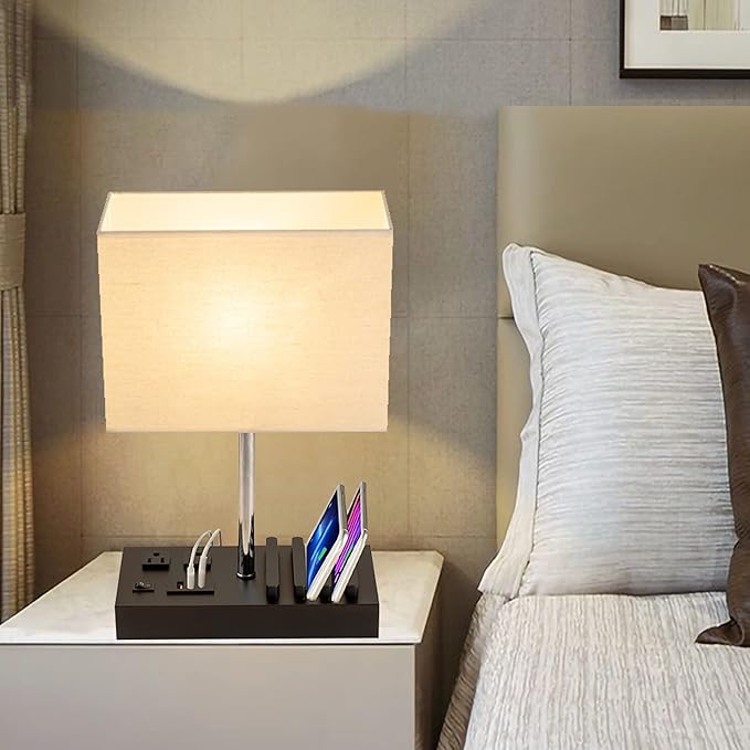 Briever Upgraded 3 USB Table Lamp with 2 USB A & C Charging Ports, Bedside Desk Lamp with 2 AC Outlets and Wooden Phone Stand Organizer, Ideal Nightstand Lamp for Bedroom, Guest Room, Office