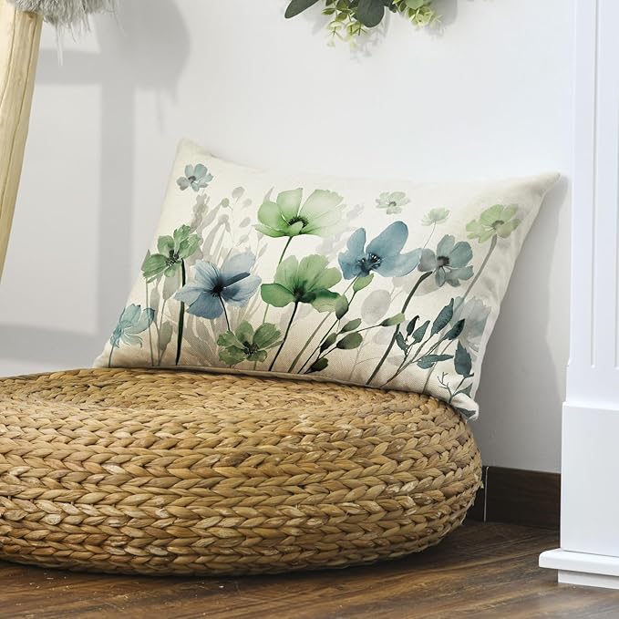 AVOIN colorlife Poppy Flowers Chinoiserie Fall Throw Pillow Cover, 12 x 20 Inch Blue Sage Green Seasonal Leaves Cushion Case Decoration for Sofa Couch Farmhouse