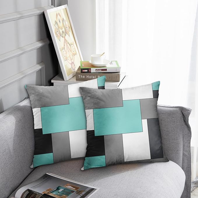Emvency Set of 2 Teal Geometric Throw Pillow Cover Black Grey White Painting Abstract Checkered Design Decorative Pillow Case Modern Home Decor Standard Square 18x18 Inch Cushion Pillowcase