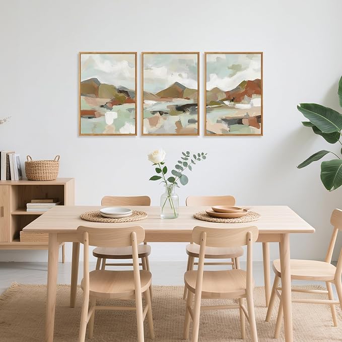 CHDITB Abstract Wall Art, Neutral Pastel Illustration Framed Canvas Poster, Modern Artwork For Walls, Minimalist Wall Art 3 Pieces, Mountain Painting For Living Room Bedroom Dining Room Decor 12X16