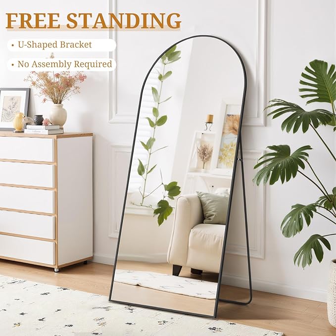 Full Length Mirror 65"x24" Full Body Mirror Arched Free Standing Wall Mounted Leaning Floor Mirrors with Stand Aluminum Alloy Frame for Bedroom Cloakroom, Black