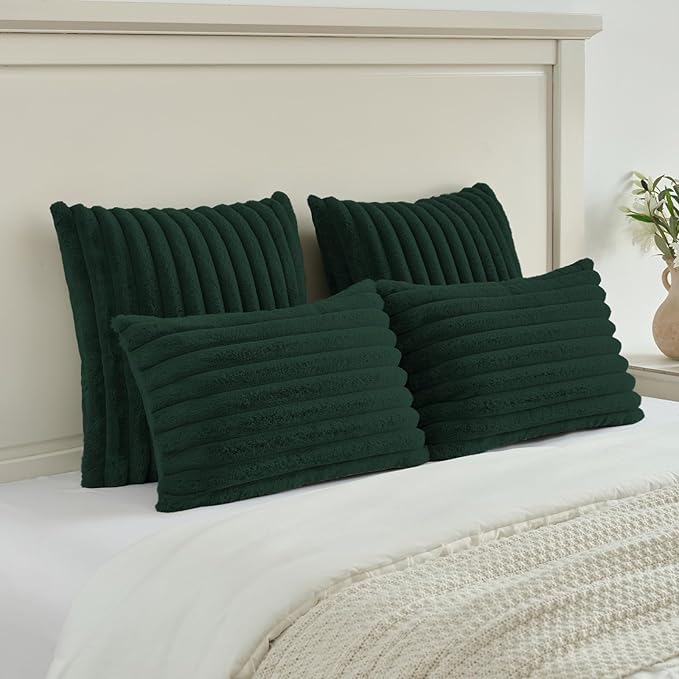 FUTEI Dark Green Decorative Throw Pillow Covers Set of 2, 12x20 Inch Soft Fluffy Faux Fur Plush Striped Lumbar Pillowcases, Modern Home Decor for Couch Bed Living Room