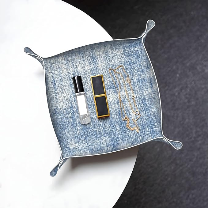 Washed Denim Fabric Texture Beige Blue Valet Tray Leather Desktop Storage Organizer Bedside for Jewelry Keys Coin Sundries