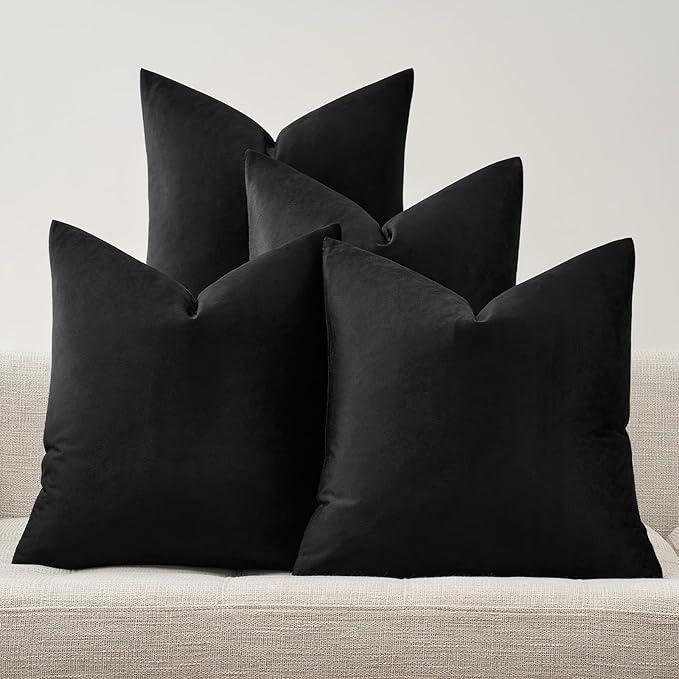 GIGIZAZA Black Velvet Pillow Covers - 16x16 Pack of 4 Decorative Throw Pillows Soft Couch Cushion Luxury Covers for Bed Living Room Accent Elegant Pillow Cases