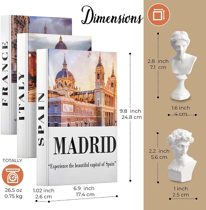 SIMPLIFY ASTHETIC - European Cities Decorative Books Set with 2 Busts Greek Methology and 3 Sets White Hardcover Coffee Table Books with Blank Pages, Home Decor Livingroom