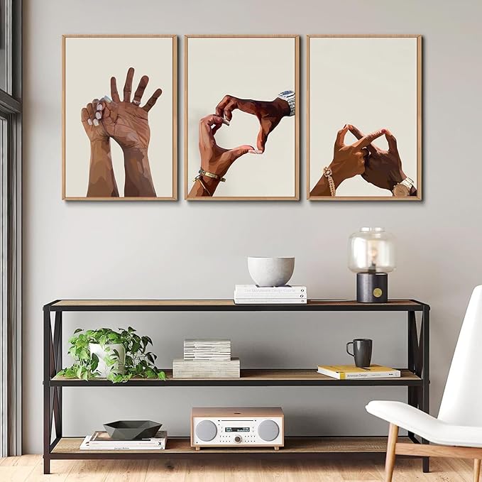 3Pcs Black Couple Wall Art Holding Hands Heart Love Wall Decor Afro Women Men Canvas Poster Prints for Living Room Bedroom Bathroom Decoration Unframed (12x16in)