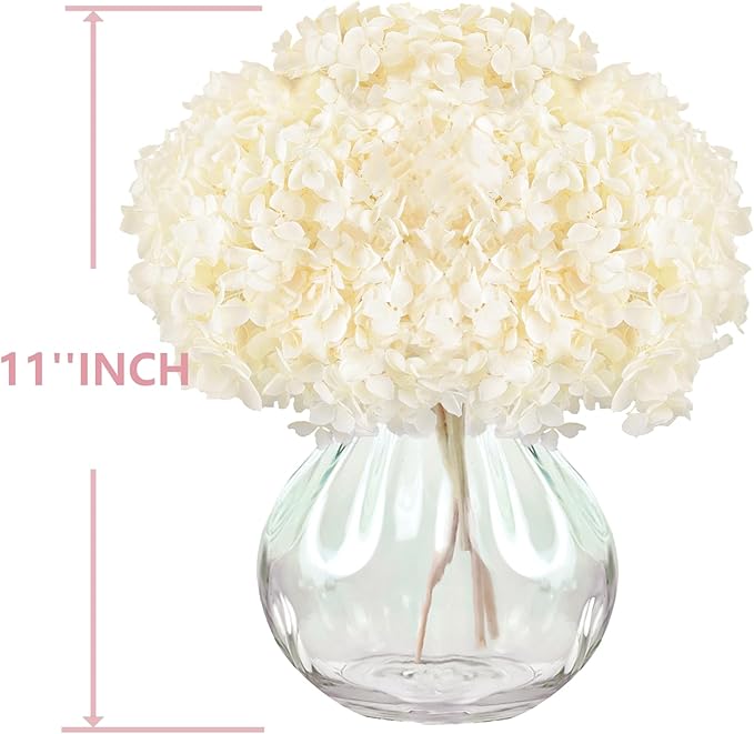 Creamy Ivory Hydrangea Dried Flowers in Glass Vase – Artificial Flowers in Vase for Home Decor, Hydrangeas Centerpiece for Dining Table, Coffee Table, Bathroom, Shelf & Bedroom –Floral Arrangements