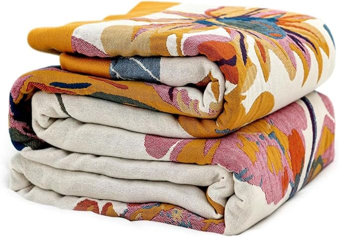 Boho Throw Blanket - 100% Cotton Soft Throw Blanket for Bed, 90"x90" Reversible Breathable Lightweight Spring Blankets, All Seasons Farmhouse Decor Floral Plant Butterfly Throw Quilt