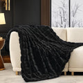 Cozy Bliss Deluxe Sheared Rabbit Faux Fur Throw Blanket, Soft Fuzzy High-Low Sculpted Plush Blanket for Couch, Cozy Home Accent, All Season Use, Black 50"x60"