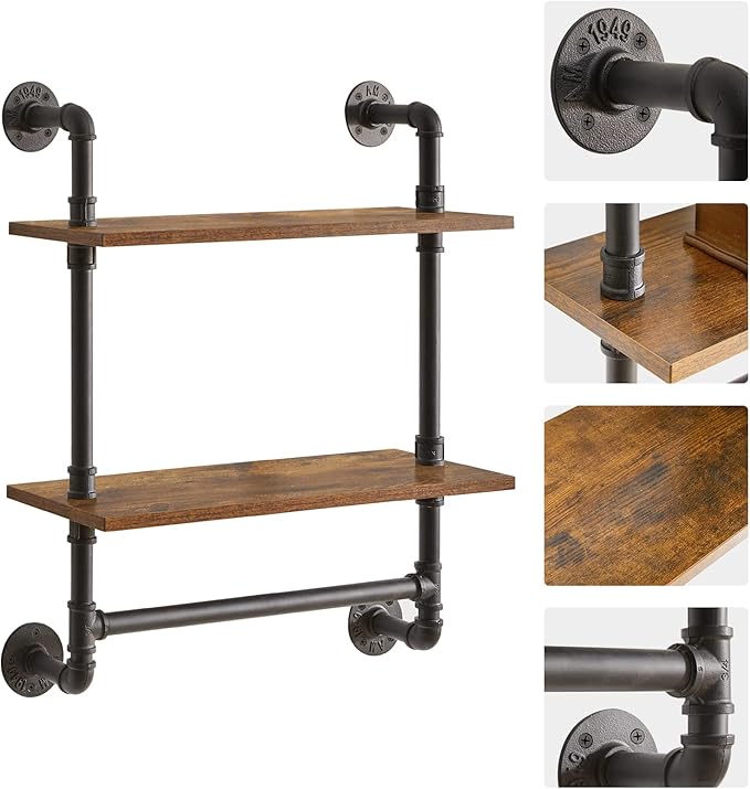 IBUYKE Pipe Floating Shelves,Rustic Iron 28.5 inches Industrial Pipe Shelf,2-Tier Wall Shelf with Towel Bar,Wall Mount Bookshelf for Bedroom,Kitchen,Living Room,Bathroom URF-TM014