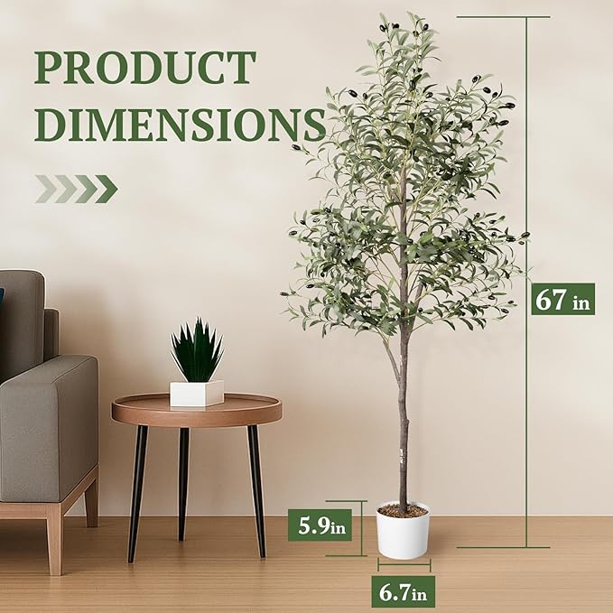Waterproof Artificial Olive Tree, 5.5 FT Tall Faux Olive Tree for Home Indoor Decor, Floor Plant with Textured Leaves Fruits, Realistic Wood-Grain Trunk, Fake Plant for Living Room Bedroom Office