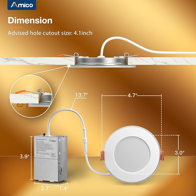 Amico 12 Pack 4 Inch 5CCT LED Recessed Ceiling Light with Night Light, 2700K/3000K/3500K/4000K/5000K Selectable Ultra-Thin Lighting, 10W=90W, 700LM, Dimmable Canless Wafer Downlight - ETL&FCC