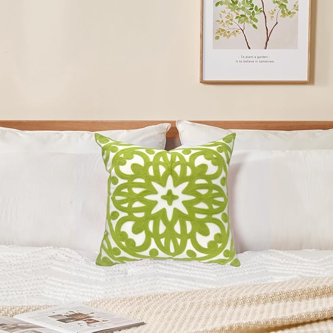 Alysheer Embroidered Decorative Throw Pillow Cover 20"x 20", Boho Mandala Modern Thick Embroidery Pattern, Cotton Canvas Avacado Green Cushion Case for Sofa Couch Bed Living Room (Chartreuse Green)