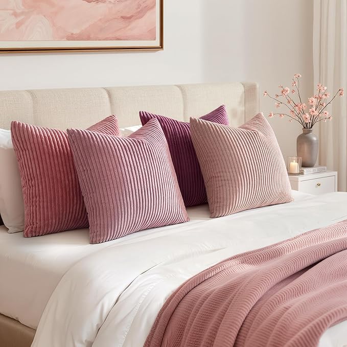 EMEMA Aesthetic Pink Decorative Throw Pillow Covers for Couch Bed Livingroom 20x20 Inch Set of 4 Cute Coquette Corduroy Boho Square Pillow Case,Western Modern Cushion Covers Home Spring Decor