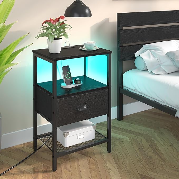 Nightstands Set of 2, LED Night Stands with Charging Station and Fabric Drawer, Bedside Tables with Drawers, 2- Tier LED Side Tables End Table Charging Station Livingroom Bedroom, Black