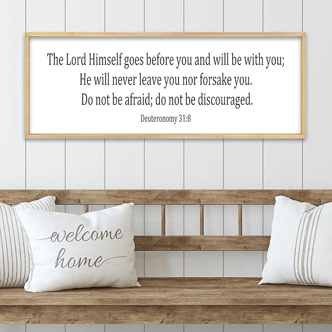 Christian Wall Decor The Lord Himself Will Go Before You He Will Be With You Deuteronomy 3:18 Sign 32"×12" Bible Verse Scripture Sign Large Rustic Wall Hanging Art (Wood)